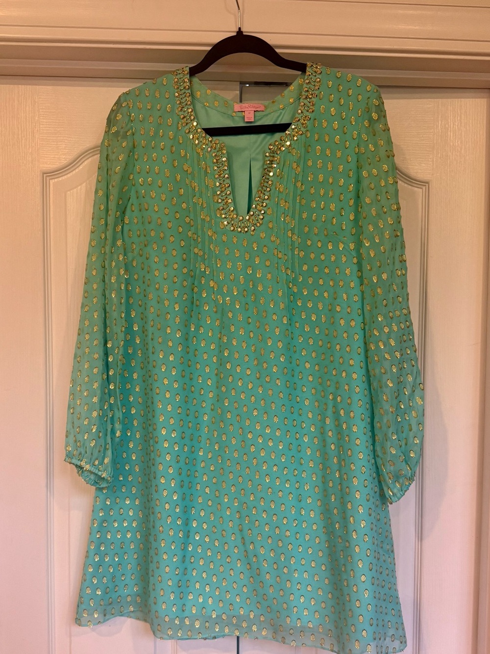 Lilly Pulitzer Colby Silk Mint Green Long-Sleeve Tunic dress with Gold Accents.
